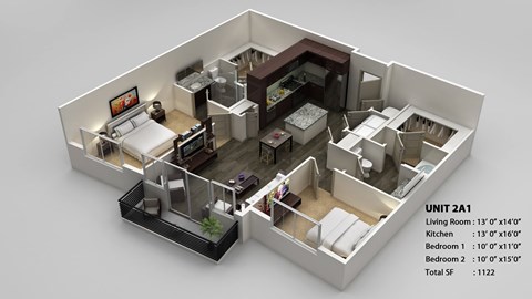 Floor plan for 2 beds, 2 baths, 1122 sqft